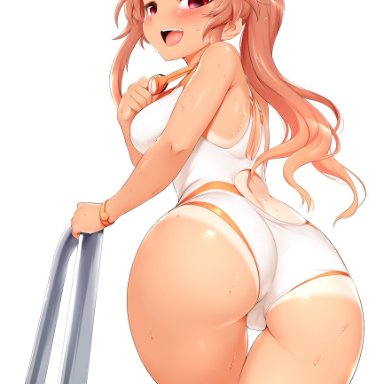 :d, ass, blush, breasts, competition swimsuit, enami rika, female, from behind, from below, goggles, goggles around neck, kneepits, light brown hair, long hair, looking at viewer
