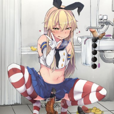 1boy, absurdres, anal, anal beads, anal object insertion, bathroom, blonde hair, condom, crop top, dildo, femboy, flanvia, highres, kantai collection, long hair