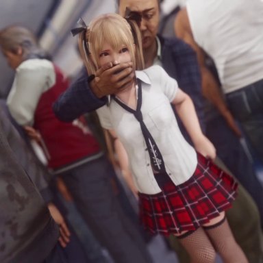 1girl, 3d, age difference, animated, blonde hair, blue eyes, chikan, close-up, clothed sex, clothing, dead or alive, fishnets, from behind, hand on mouth, implied rape