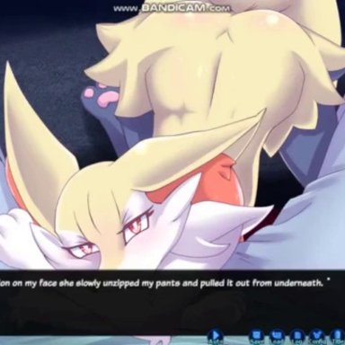 1boy, 1girls, animated, blush, braixen, breasts, canine, cowgirl position, cum, cum in ass, cum in mouth, eye contact, fellatio, female, fox