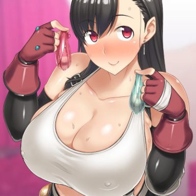 bare shoulders, belt, blush, breasts, brown hair, condom, covered nipples, darabuchi, earrings, elbow gloves, female, final fantasy, final fantasy vii, fingerless gloves, gloves