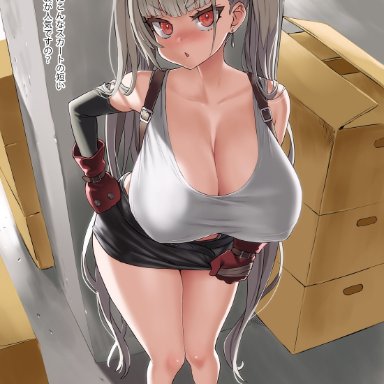 angry, asanagi, azur lane, big breasts, blush, cleavage, earrings, embarrassed, final fantasy, formidable (azur lane), grey hair, huge breasts, looking at viewer, nipple bulge, open mouth