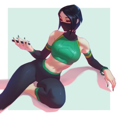 1girl, big breasts, black hair, breasts, clothed, clothing, facemask, female, female only, green eyes, looking at phone, phone, riot games, solo, solo female