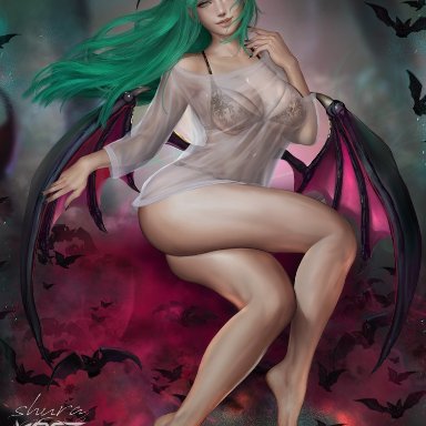 1girls, areolae, big breasts, bra, cleavage, darkstalkers, demon girl, female, female only, head wings, large breasts, looking at viewer, morrigan aensland, shurakrgt, solo