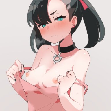 1girls, areola, bare shoulders, black hair, black nails, blush, breasts, breasts outside, choker, collarbone, dress pull, earrings, eyebrows visible through hair, gradient background, hair ribbon