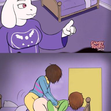 1boy, 1girls, bedroom, big ass, brown hair, candytooth, chara, cute, doggy style, frisk, frisk (undertale), huge ass, love, protagonist (undertale), sweater