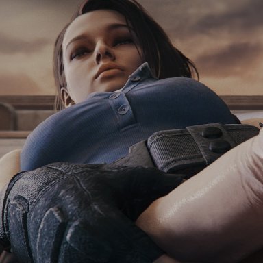 1futa, 3d, 3d (artwork), brown hair, dickgirl, fingerless gloves, futa only, futadom, futanari, holding, holding penis, intersex, intersex only, jill valentine, Netfuta