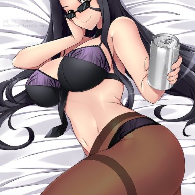 bare shoulders, bed sheet, beer can, black bra, black hair, black panties, bra, breasts, can, eyebrows, female, hand on own face, kuroko smith, large breasts, lindaroze