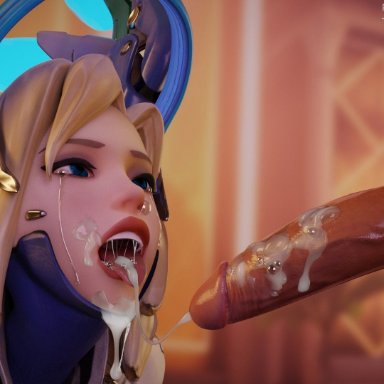 3d, blendguardian, blonde hair, blue eyes, clothed female nude male, cum, cum in mouth, cum on penis, mercy, open mouth, overwatch, tears, tongue, tongue out