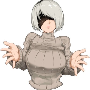 1girls, android, bakkanki, big breasts, blindfold, breasts, female, female only, green hair, long sleeves, looking at viewer, mole, mole under eye, nier (series), nier: automata