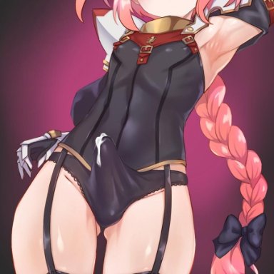 :p, 1boy, androgynous, armpits, astolfo, astolfo (fate), balls, balls in panties, black thighhighs, blushing, cum, cum on clothes, cum under clothes, ejaculation under clothes, erection
