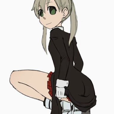 1girls, animated, ass, bard-bot, black dress, blank background, dress, dress lift, eyebrows visible through hair, grin, legs, long hair, looking at viewer, maka albarn, shoes