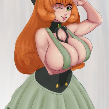 android, bow, corset, green eyes, huge breasts, large breasts, lifting breasts, long hair, looking at viewer, orange hair, partially clothed, penny polendina, robot, rwby, salute