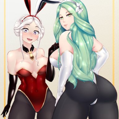 2girls, big breasts, bunny ears, bunny girl, bunnysuit, edelgard (fire emblem), edelgard von hresvelgr (fire emblem), female only, fire emblem, fire emblem: three houses, green eyes, green hair, long hair, mature female, nintendo