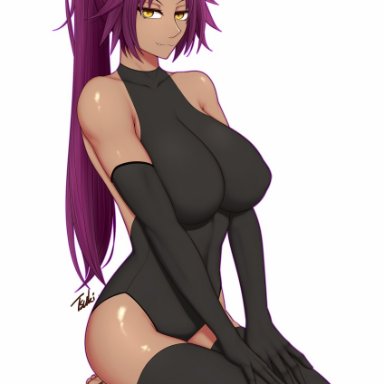 big breasts, bleach, female, female only, long hair, mature female, nipples, nipples visible through clothing, ponytail, purple hair, shihouin yoruichi, solo, solo female, solo focus, tsuki riven