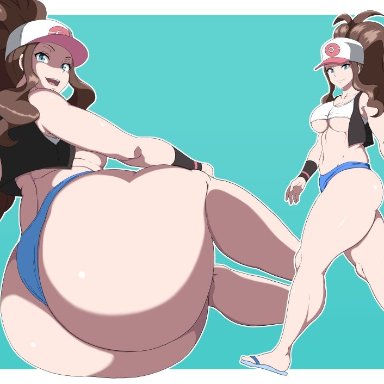 big ass, big breasts, brown hair, female, female only, hilda (pokemon), human, long hair, nintendo, nipples, nipples visible through clothing, oryuto, pokemon, pokemon bw, solo