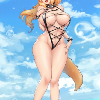 1girls, blonde hair, blue eyes, bowsette, bracelet, breasts, breasts apart, bubble, choker, cleavage, collar, curvy, fangs, genderswap, highres