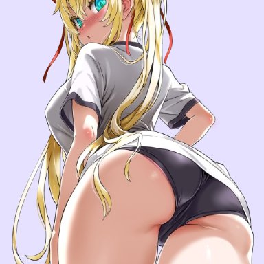 angry, asanagi, ass, ass focus, big ass, big breasts, blonde hair, bloomers, blue eyes, blush, embarrassed, hair ribbon, looking at viewer, looking back, looking down