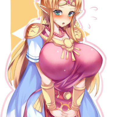 alternate breast size, big breasts, blonde hair, blue eyes, blush, blushing, breasts, earrings, embarrassed, female, female only, long hair, looking at viewer, necklace, pointy ears