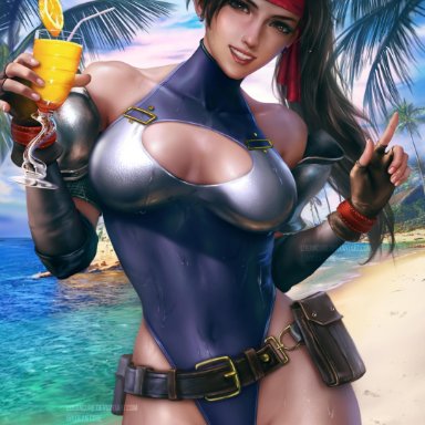 1girls, absurdres, beach, big breasts, brown eyes, brown hair, female, female only, final fantasy, final fantasy vii, final fantasy vii remake, highres, jessie rasberry, leotard, logan cure