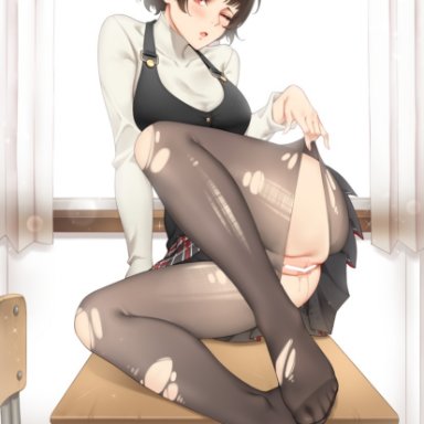 ;o, bangs, bar censor, black legwear, blush, braid, brown hair, censored, commentary request, desk, feet, female, full body, kinhasu, legs