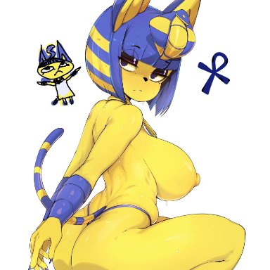 1girls, alternate breast size, alternate eye color, alternate outfit, animal crossing, ankha, anthro, areola, areolae, ass, belly, big ass, big breasts, big nipples, blue fur