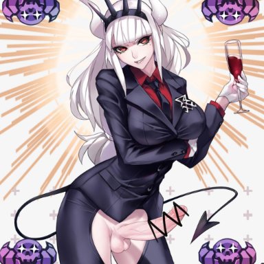 alcohol, arm under breasts, ban, black jacket, black neckwear, black pants, black tail, breasts, business suit, censored, collared shirt, cup, demon girl, demon horns, demon tail