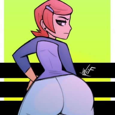 ass, big ass, earrings, green eyes, gwen tennyson, huge ass, looking at viewer, looking back, red hair, weirdisfun