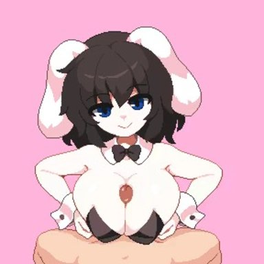 animal humanoid, animated, big breasts, black hair, blue eyes, bodily fluids, breasts, bunny costume, clothing, costume, cum, cum on breasts, cum on face, digital media (artwork), duo