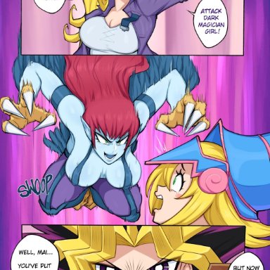 afrobull, big breasts, blonde hair, blue skin, breasts, cleavage, comic, dark magician girl, dialogue, green eyes, harpie lady, human, mai valentine, parody, parody porn