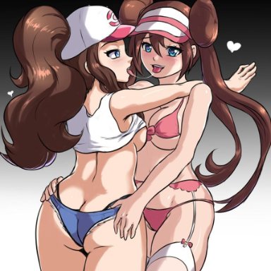 2girls, aged up, alternate breast size, alternate outfit, big ass, big breasts, black thong, blushing, brown hair, cleavage, double bun, eye contact, hay, highleg panties, hilda (pokemon)