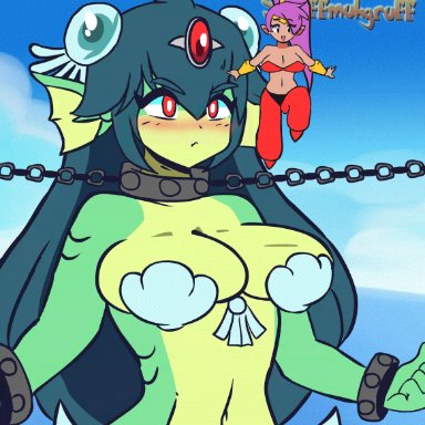 animated, blue sky, blush, bondage, bouncing breasts, breasts, chained, chains, cloud, dark skin, female, female only, giantess, giga mermaid, high resolution