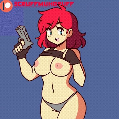 animated, blue eyes, bouncing, bouncing breasts, cute, female only, gloves, gun, meryl silverburgh, metal gear solid, panties, pistol, red hair, scruffmuhgruff, shirt lift