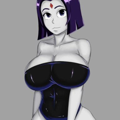 big breasts, dc, female, female only, hcitrus, nipples, nipples visible through clothing, pale-skinned female, purple eyes, purple hair, rachel roth, raven, short hair, solo, solo female