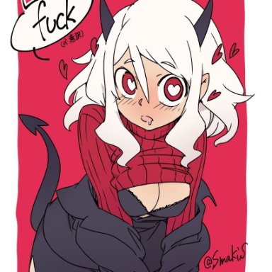 blush, bra, demon, demon girl, demon horns, demon tail, drooling, female, heart-shaped pupils, helltaker, modeus (helltaker), naughty face, saliva, smakis, underboob