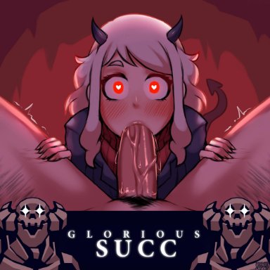 1boy, absurdres, blush, clothed female nude male, demon girl, demon horns, demon tail, english commentary, english text, erection, fellatio, female, heart, heart-shaped pupils, helltaker