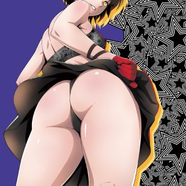 1girls, ass, atlus, brown hair, from below, gentle sasaki, looking down, makoto niijima, persona, persona 5, short hair, solo, standing, thick thighs, upskirt