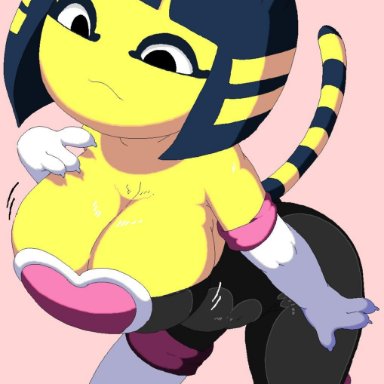 :3, 1girls, alternate breast size, alternate outfit, animal crossing, ankha, anthro, bent over, big ears, black eyes, bodysuit, boots, breast grab, breasts, cleavage