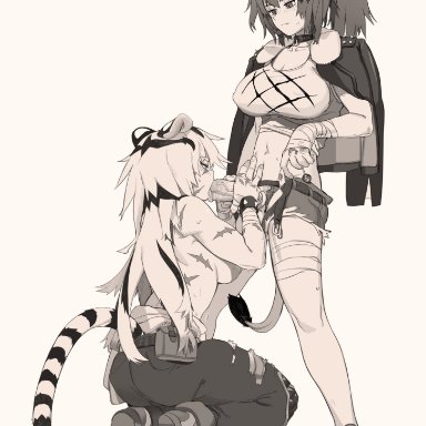 2girls, animal ears, arknights, bandaged hand, bandaged leg, bandages, blush, breasts, candy, fellatio, food, fur trim, fur-trimmed jacket, futa with female, futanari