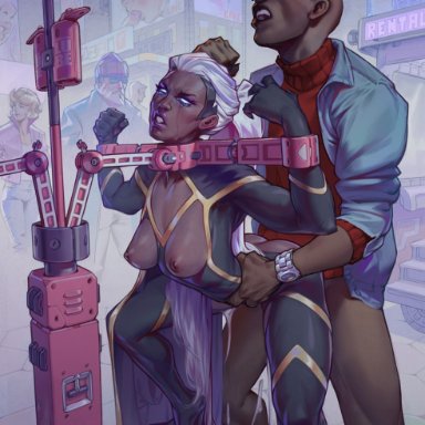 1boy, 1girls, angry, areolae, blue sclera, bondage, bound wrists, breasts, cum, cum leaking, cum on floor, cum overflow, cyberpunk, dark-skinned female, dark-skinned male