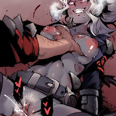 armband, belt, bite mark, black horns, black jacket, black legwear, black tail, blood, breast grab, breasts, censored, chains, cleavage, cowgirl position, cum