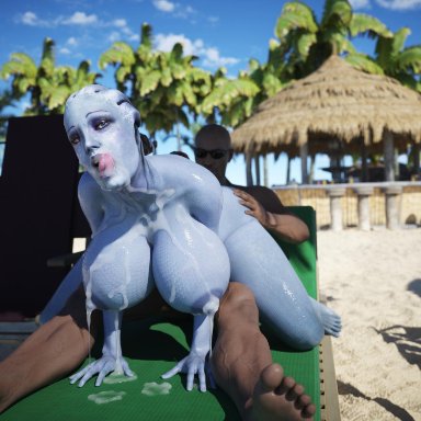 1boy, 1girl, 1girls, 3d, alien, alien girl, areolae, asari, barefoot, beach, beach chair, big breasts, blender, breasts, cum