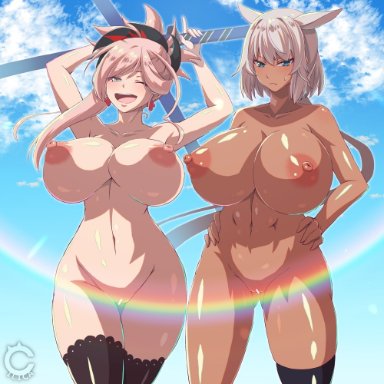 2girls, abs, blue eyes, caenis (fate/grand order), cilica, dark skin, dark-skinned female, exhibitionism, fate (series), fate/grand order, huge breasts, large breasts, looking at viewer, miyamoto musashi (fate/grand order), naked