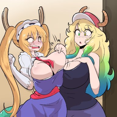 2girls, artist request, breast expansion, breasts, cleavage, dragon, dragon girl, female, female only, horns, huge breasts, maid, maid uniform, miss kobayashi's dragon maid, multicolored hair
