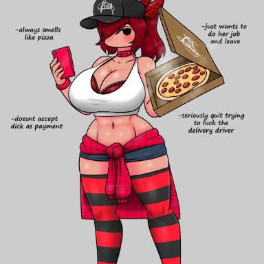 1girls, big breasts, haloowl, ideal gf, phone, pizza, text, thick thighs, thighhighs