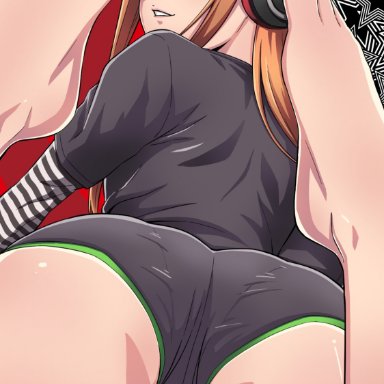 1girls, ass, atlus, gentle sasaki, glasses, legs up, looking back, on stomach, orange hair, persona, persona 5, sakura futaba, solo, thick thighs