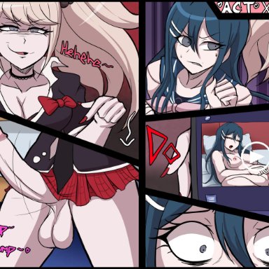 1futa, 1girls, bed, before sex, big breasts, big penis, blackmail, blonde hair, blue hair, blush, bodyattk, breasts, comic, danganronpa, erect nipples