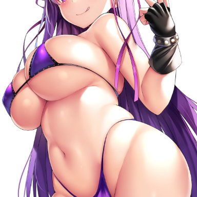 ass, bb (fate), bb (swimsuit mooncancer), big ass, big breasts, blush, fate (series), fate/grand order, gloves, hand sign, leather stockings, licking lips, lip licking, long hair, looking at viewer