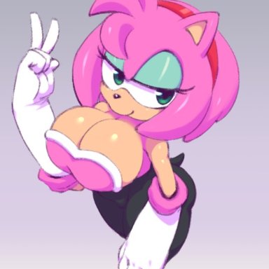 alternate costume, amy rose, anthro, big breasts, breasts, female, female only, green eyes, hedgehog, nitro, pink fur, pink hair, rouge the bat, rouge the bat (cosplay), seductive