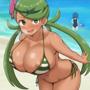 2girls, abs, aged up, alternate breast size, alternate outfit, areolae, ass, beach, big ass, big breasts, blue hair, blush, dark skin, dark-skinned female, eye contact